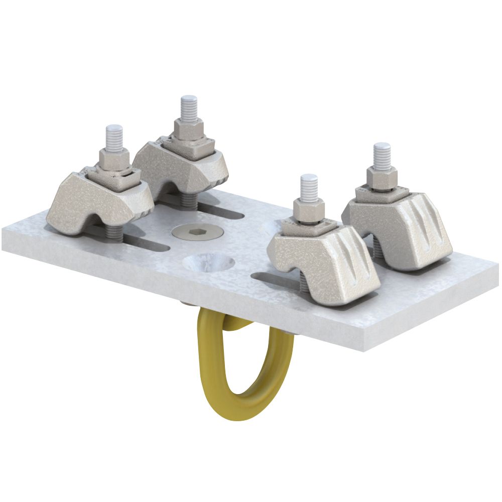 Metal electrical cable clamp with four gray strain-relief clips on a white background