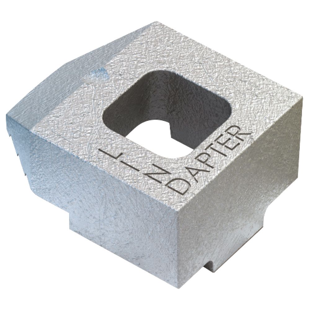 Silver metal step drill adapter block with a square opening and engraved text.