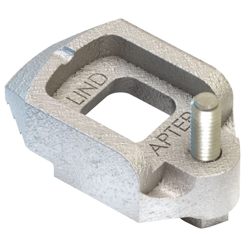 Silver metal clamp with threaded stud and engraved labels on a white background