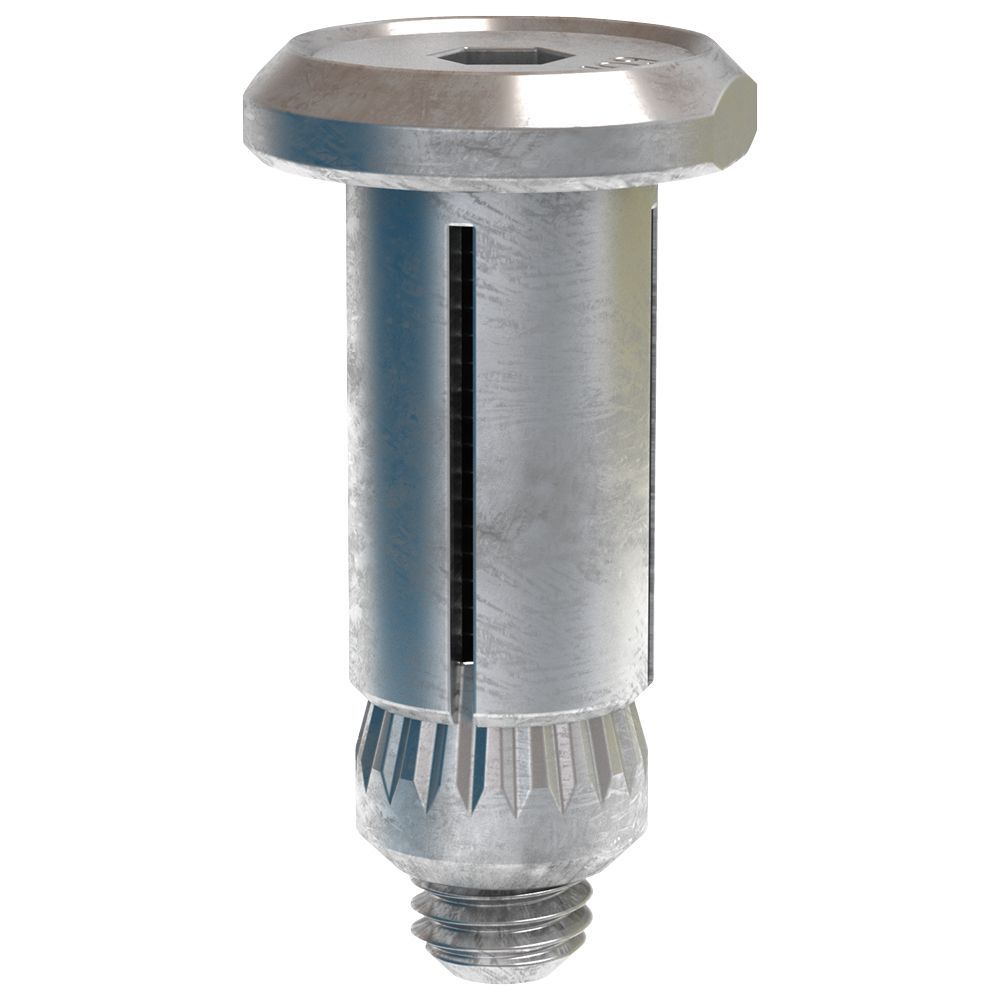 Metallic wall anchor with slotted body, flanged top, and threaded end on a white background