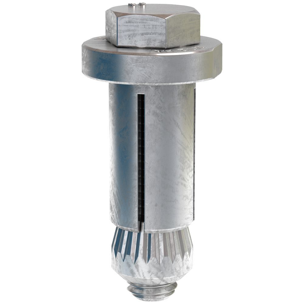 Metal expansion anchor bolt with hex nut and washer on a white background