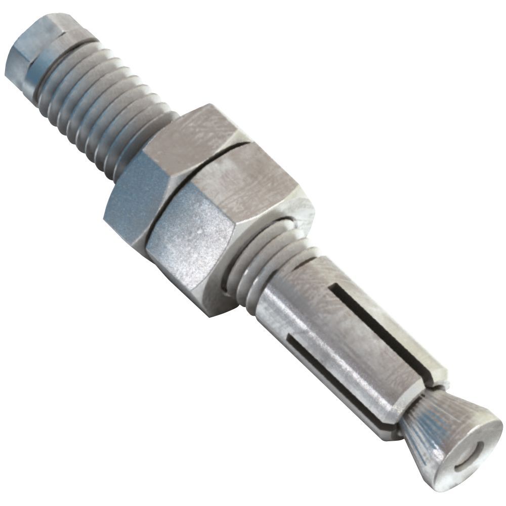 Metal expansion anchor bolt with nut, silver-gray on white background
