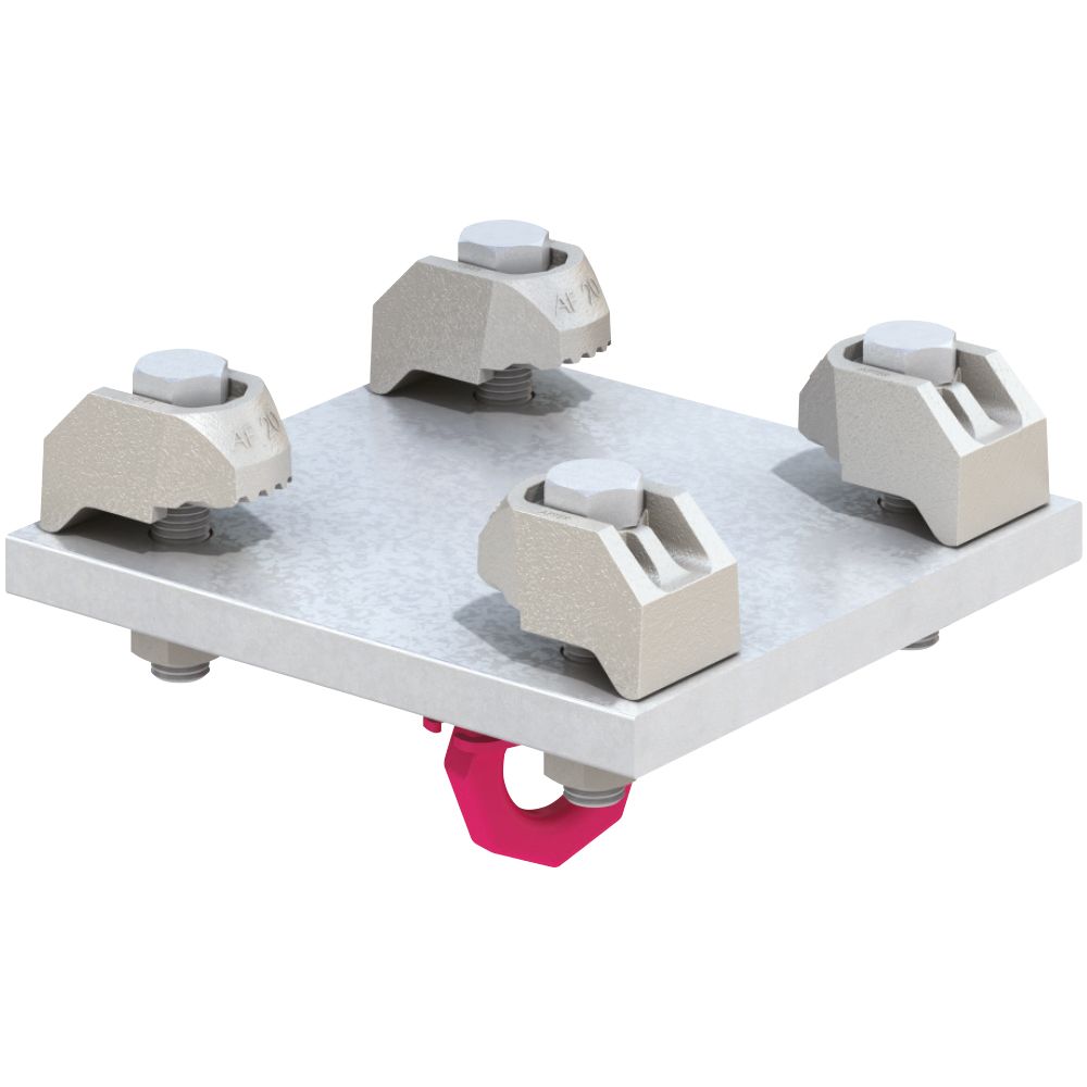 Metal grounding plate with four clamps and a red connector underneath