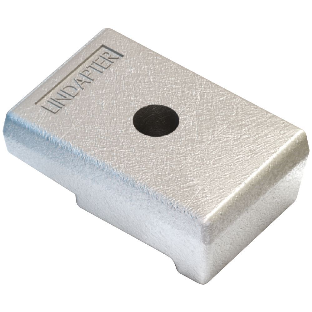 Silver rectangular metal block with a centered hole and engraved text on top
