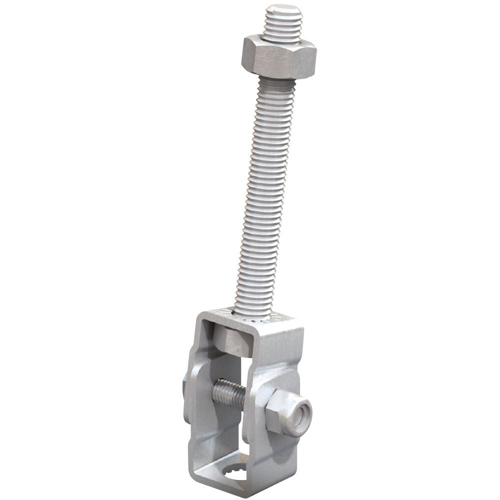 Metal spring-loaded clamp with threaded bolt and nut, shown on a white background