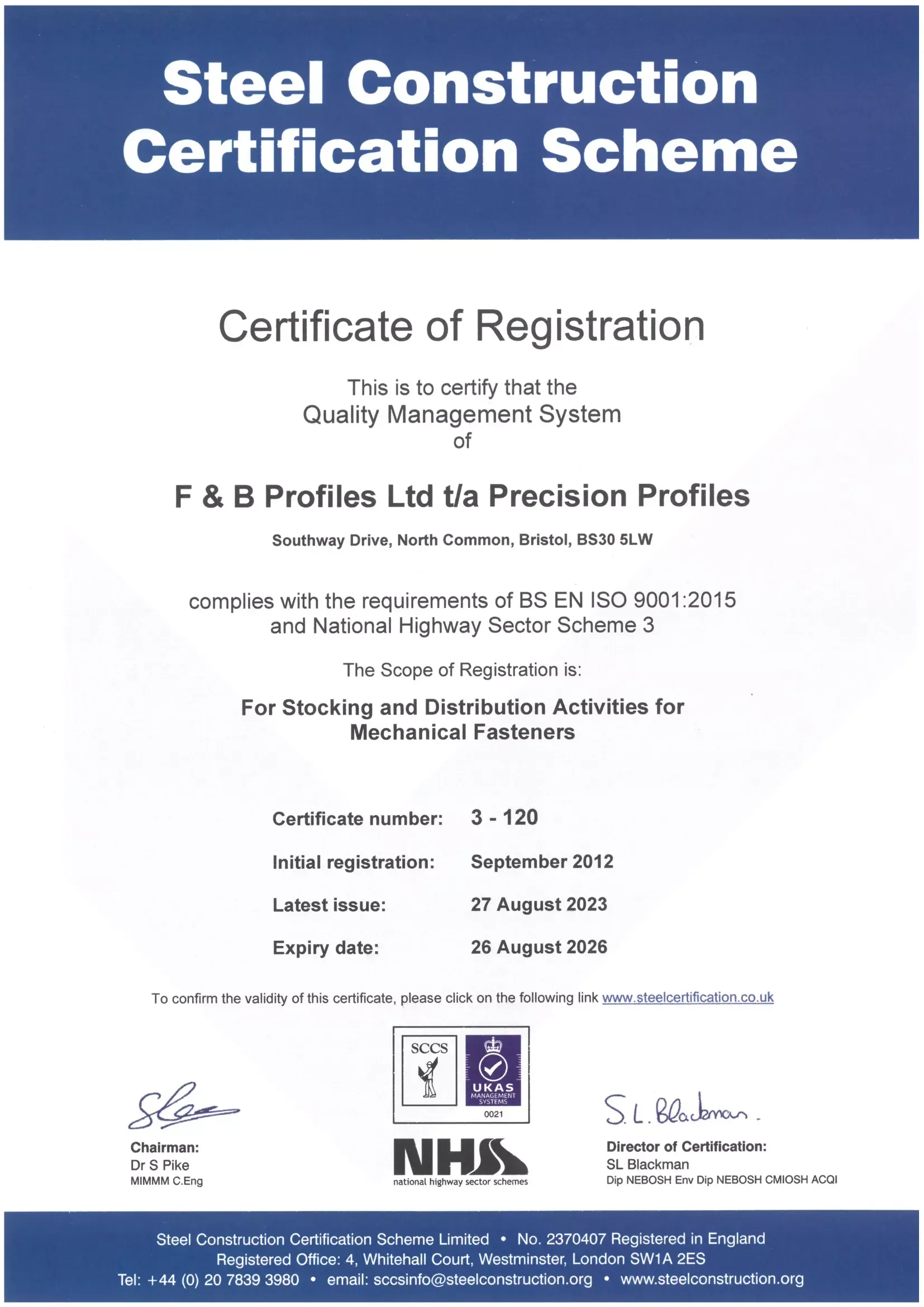 Steel Construction Certification Scheme certificate with blue header and official seals at the bottom.