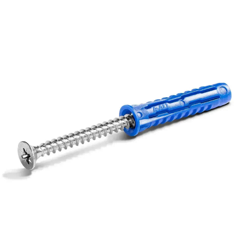 Blue plastic wall plug with a silver screw on a white background