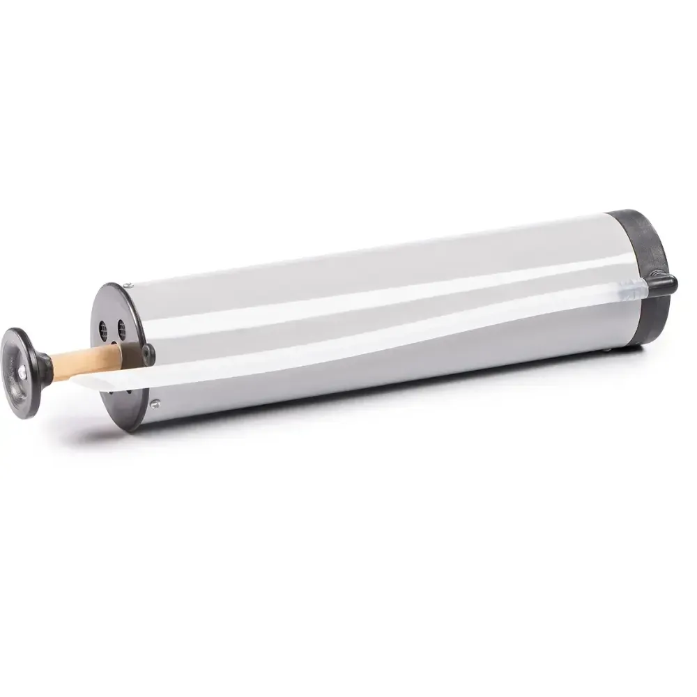 Transparent cylindrical device with a metal end cap and side handle, shown on a white background