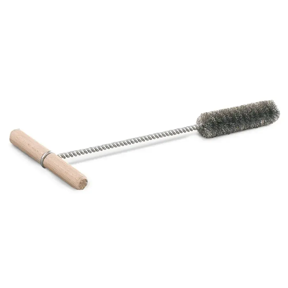 Wire brush with a wooden handle and dark bristles on a white background