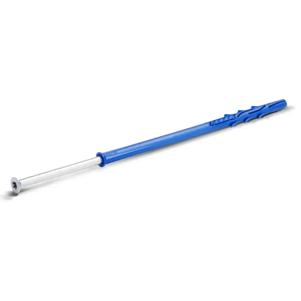 Blue adjustable telescoping pole with a clear end cap, shown on a white background