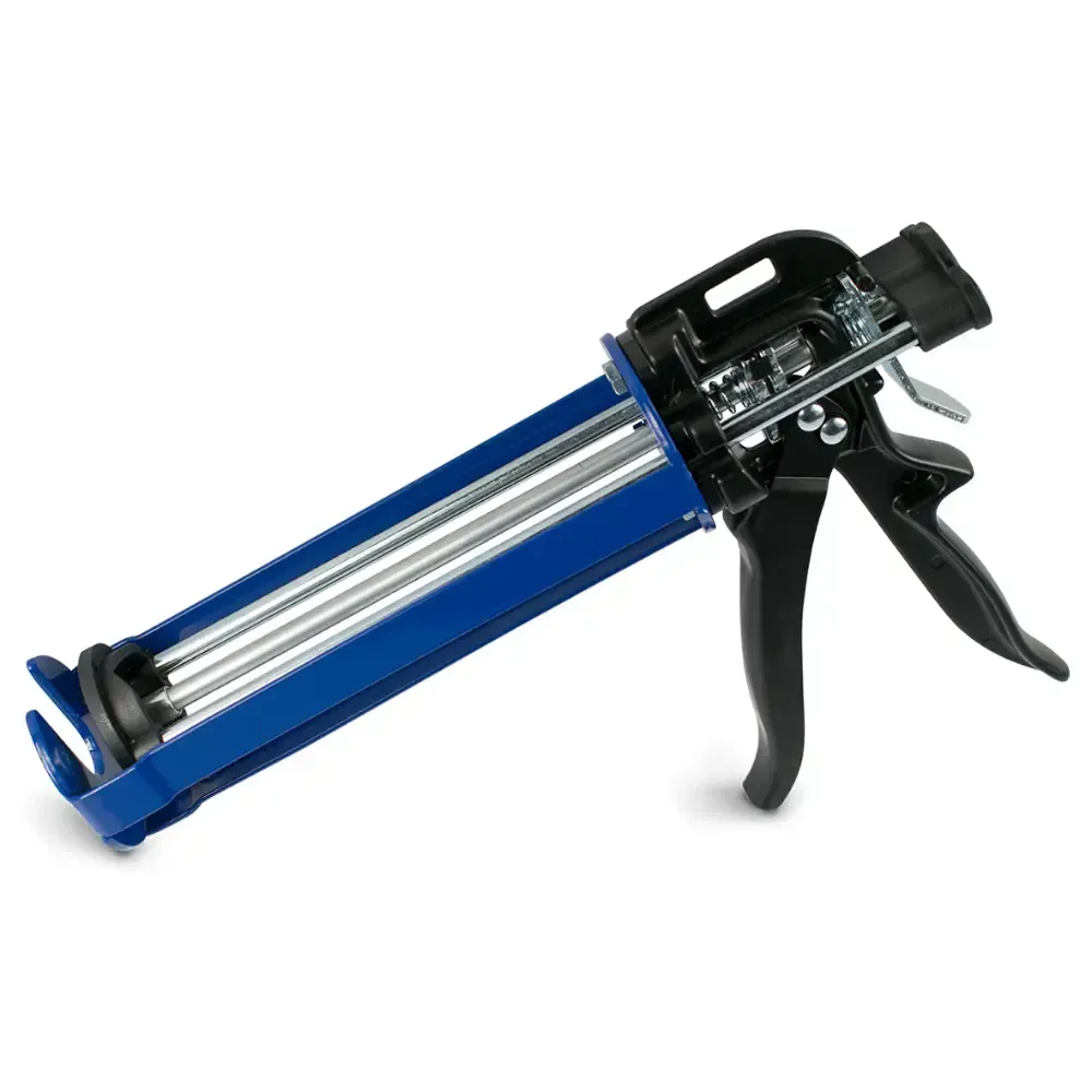 Blue caulking gun with black handle and clear cartridge tube on white background