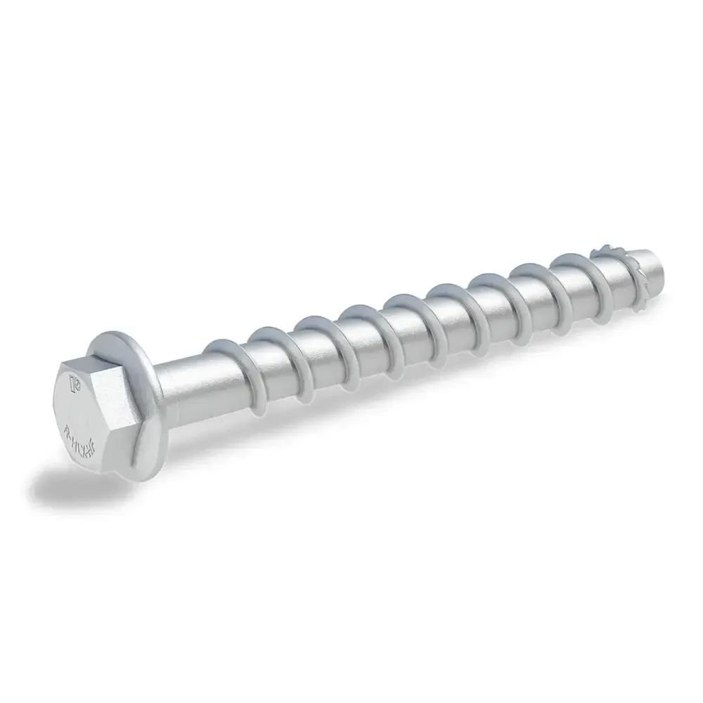 Silver hex-head lag screw on a white background