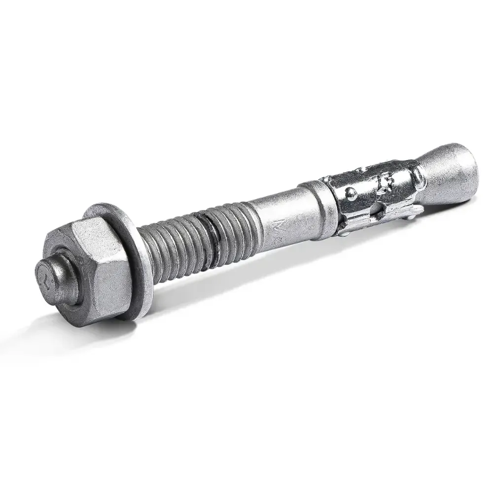 Metal expansion anchor bolt with nut and washer on a white background