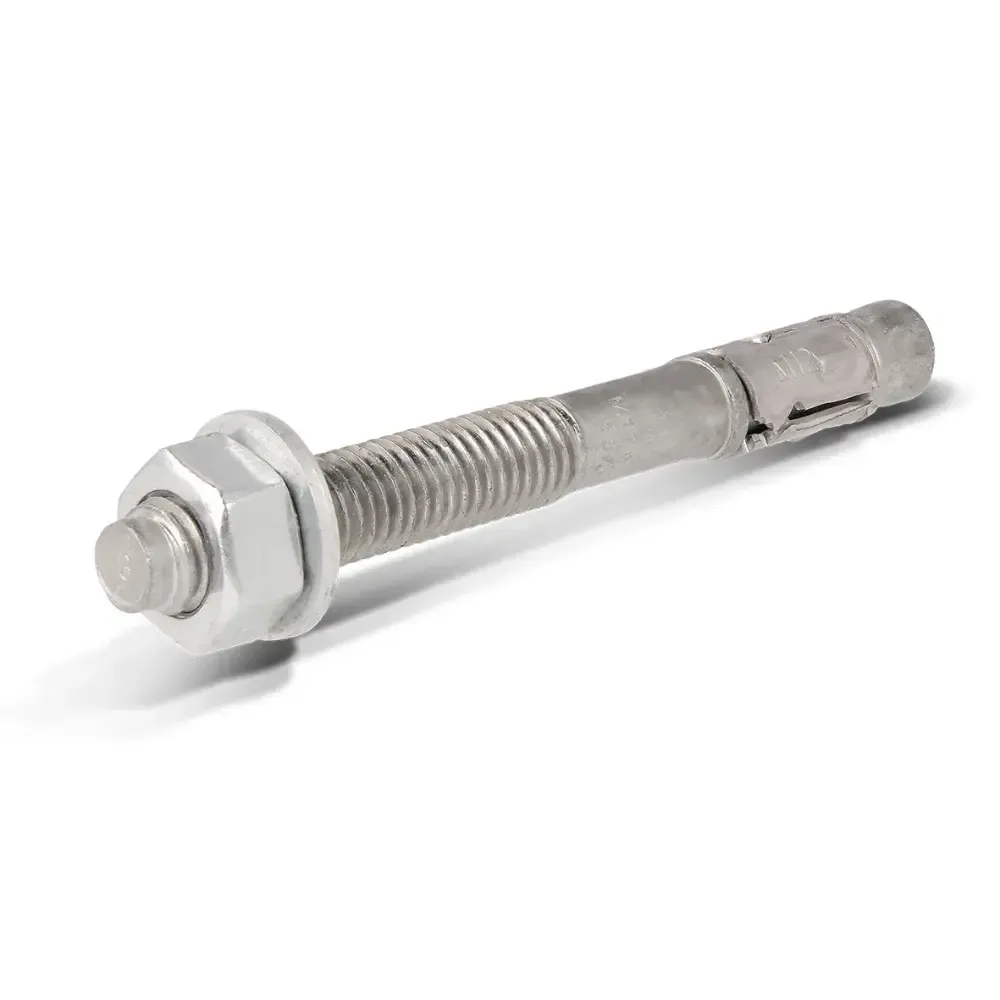 Metal expansion anchor bolt with nut and washer on a white background