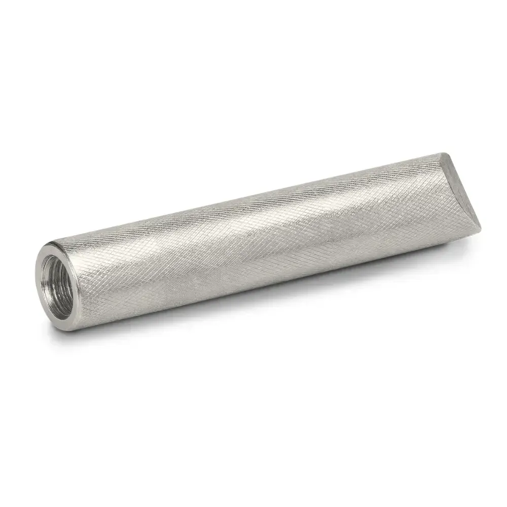 Silver cylindrical metal filter on a white background
