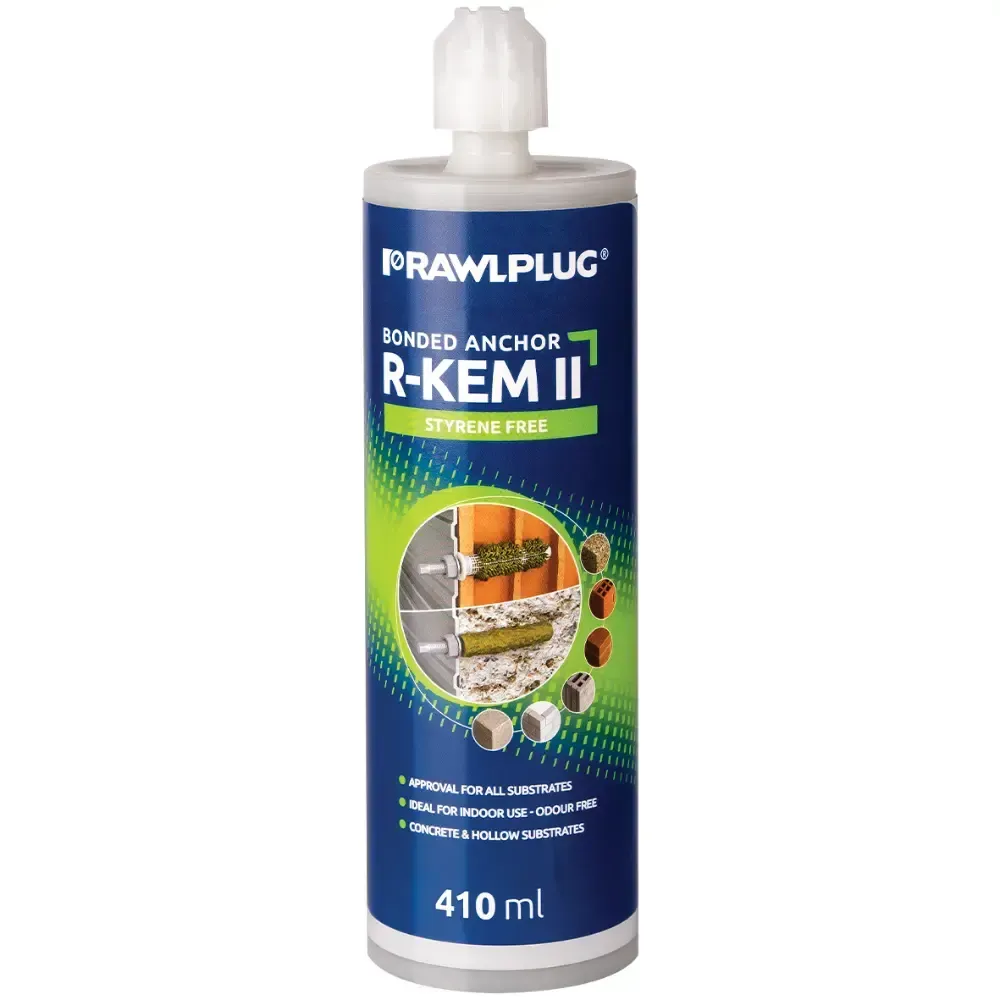 Blue-and-green Frawlplug R-KEM II bonded anchor adhesive cartridge, 410 ml