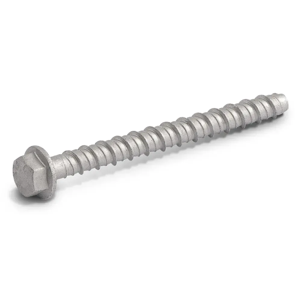 Silver hex-head screw on a white background