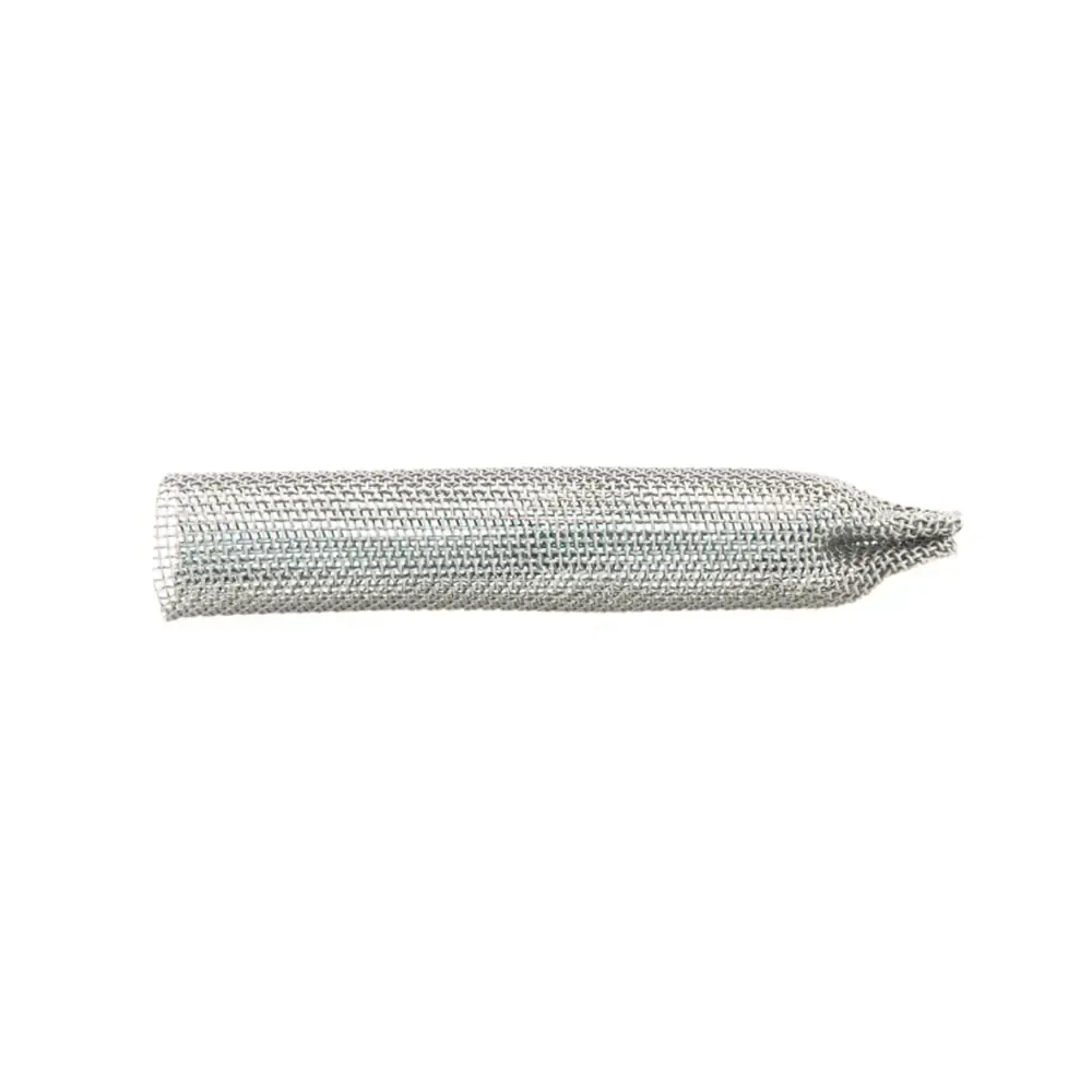 White woven mesh sleeve with a tapered end on a plain background