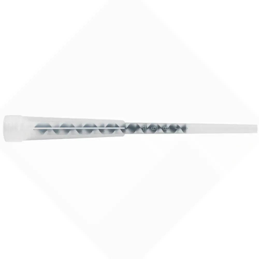 White plastic medical device with a long clear tube and a gray patterned section on a white background