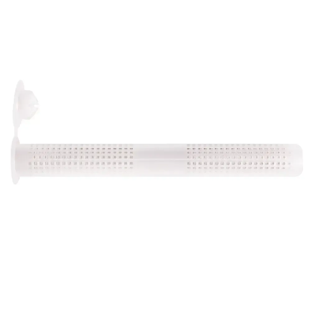 White plastic arm support with perforated strap and side bracket on a white background
