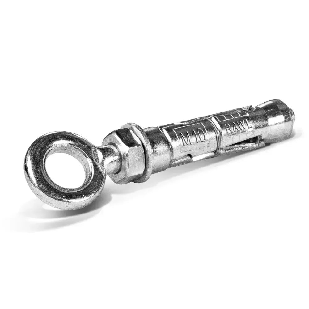 Metal eye bolt anchor with expansion sleeve on a white background