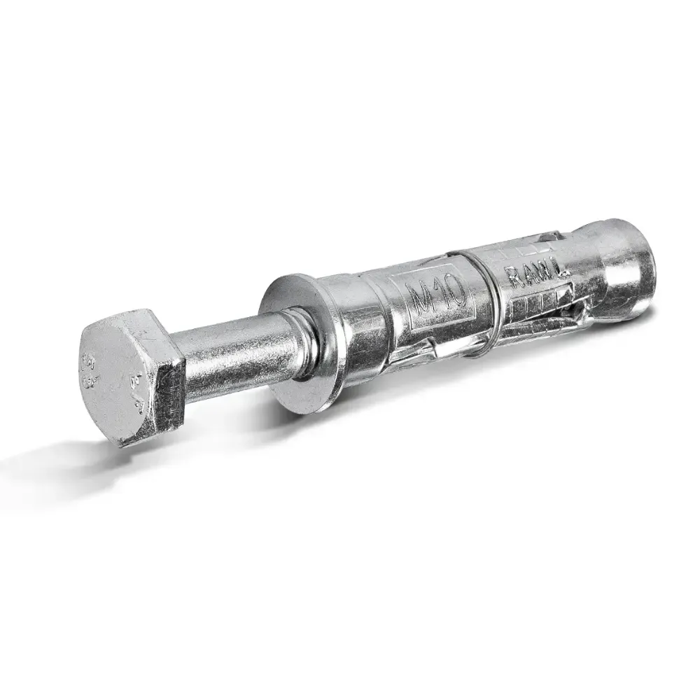 Metal expansion anchor bolt with hex head on a white background