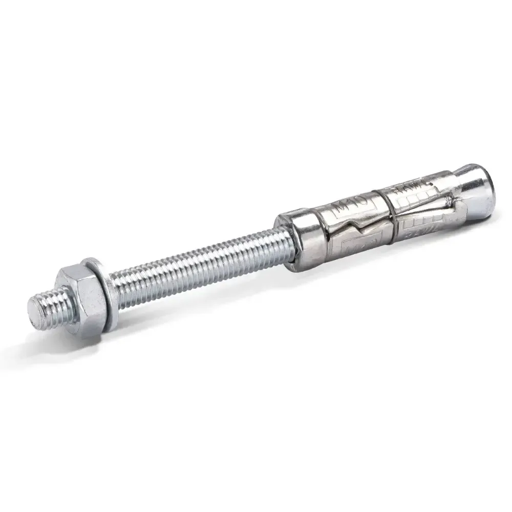Silver metal expansion anchor bolt with threaded screw and sleeve on white background