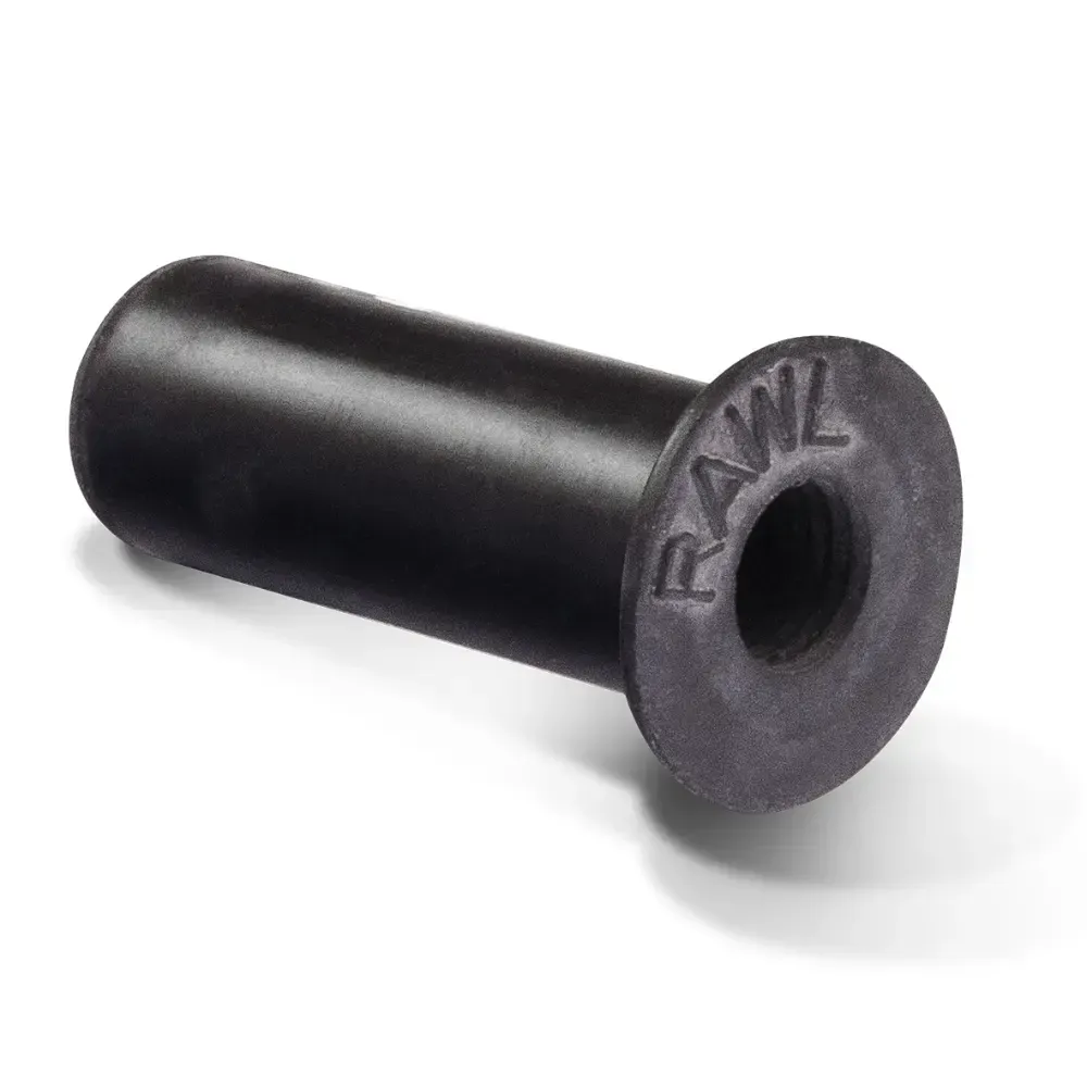 Black plastic flanged grommet with a central hole on a white background