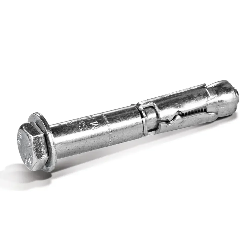 Metal expansion anchor bolt with hex head on a white background