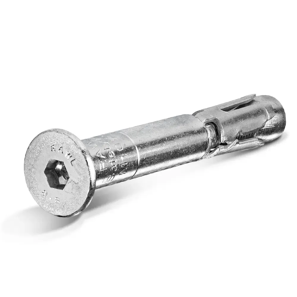 Silver metal expansion anchor bolt with hex socket head on white background