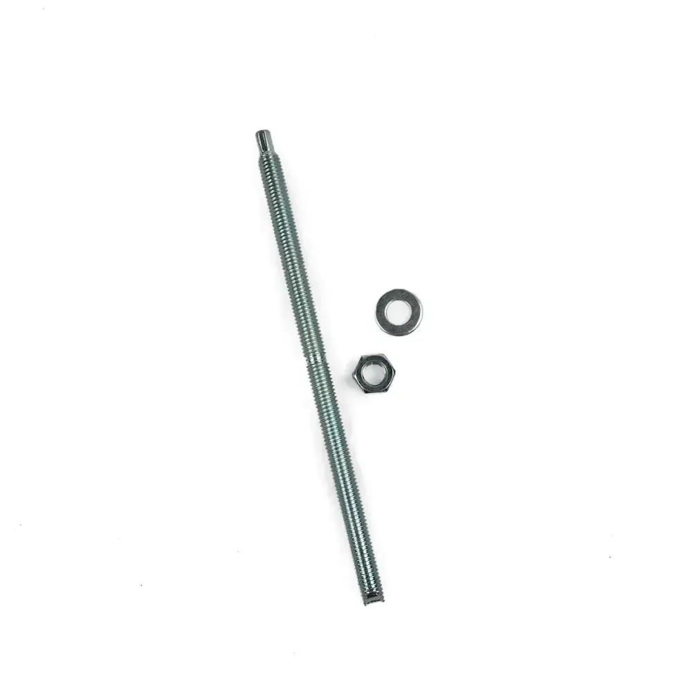 Metal threaded rod with a nut and washer on a white background