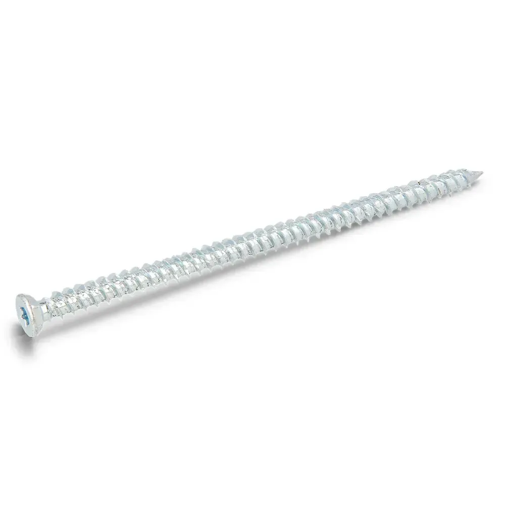 Silver metal wood screw on a white background