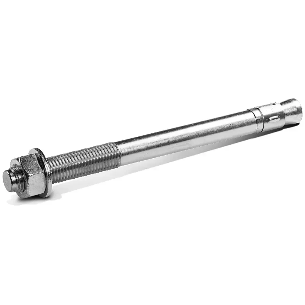 Silver threaded metal expansion anchor bolt on a white background