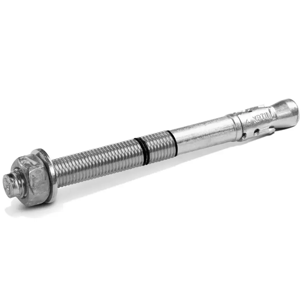 Metal expansion anchor bolt with nut on a white background