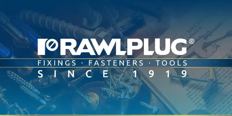 Rawlplug logo on blue background with slogan “Fixings, Fasteners, Tools” and “Since 1919”