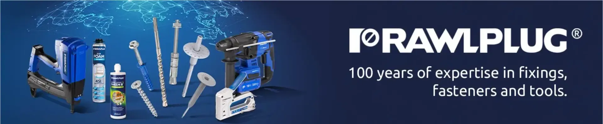 Rawlplug logo with blue tools and fasteners on a light background, celebrating 100 years of expertise