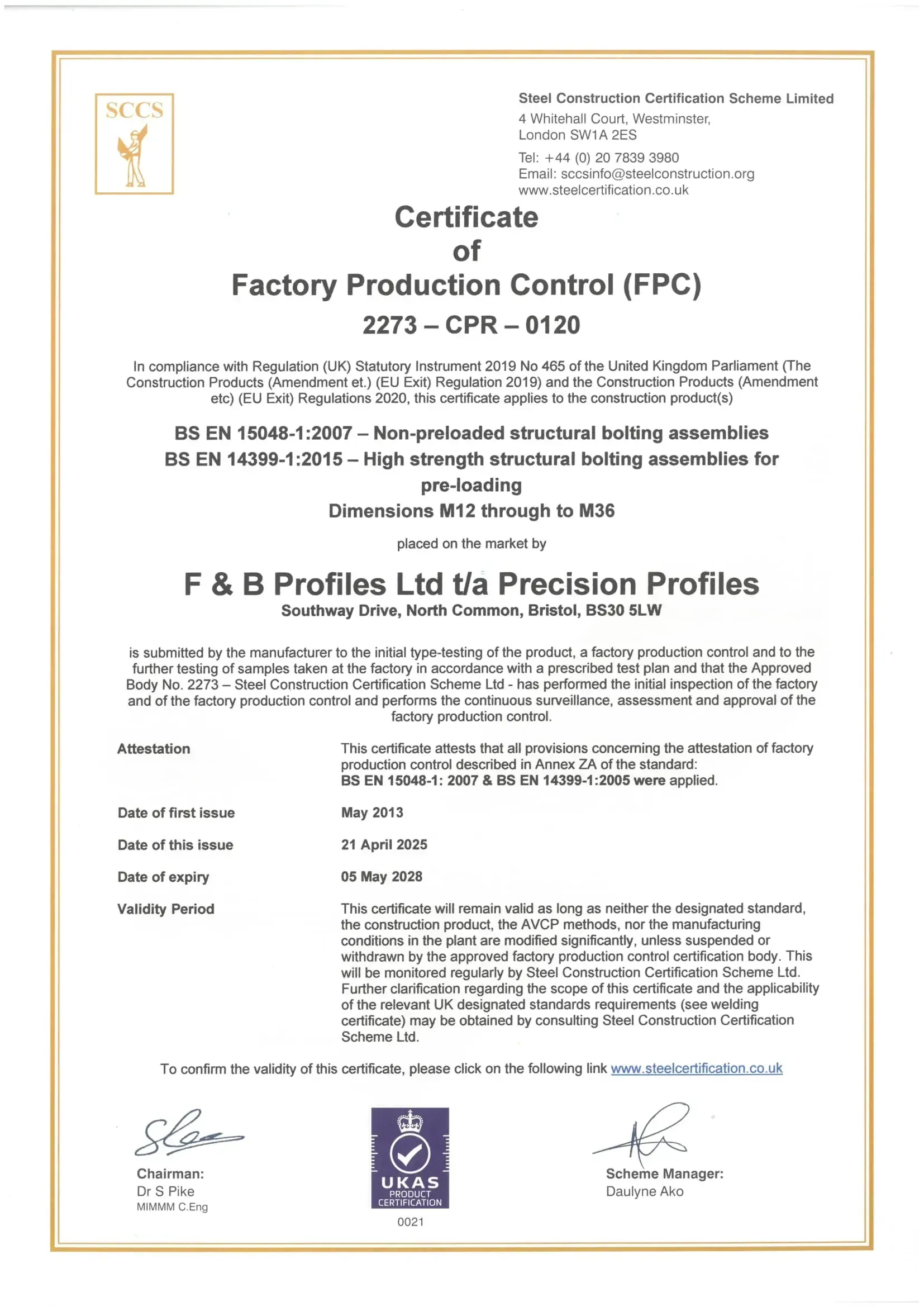 Certificate for Factory Production Control (FPC) from F&B Profiles Ltd, with official seals and signatures.