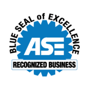 ASE Blue Seal of Excellence “Recognized Business” badge in blue and black