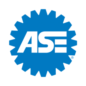 Blue ASE logo inside a gear-shaped emblem with white letters.