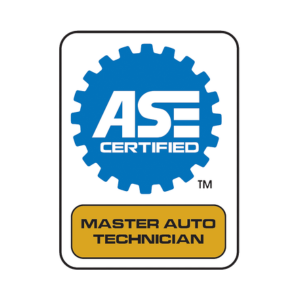 ASE Certified Master Auto Technician badge with blue gear logo and yellow title plaque