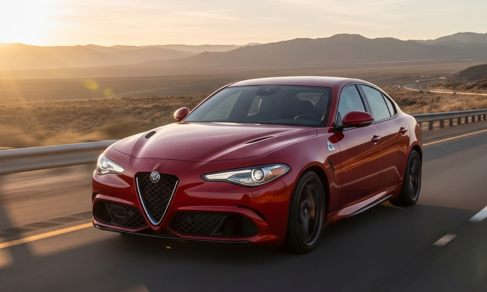 Red Alfa Romeo Giulia performance sedan driving along a desert highway at golden hour, surrounded by open terrain and distant mountains