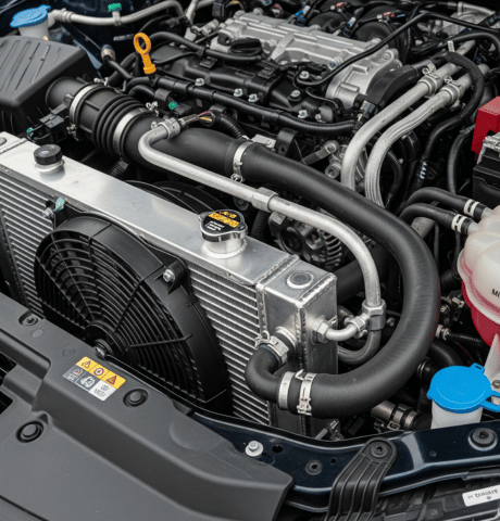 Laptop positioned over a vehicle engine bay for automotive diagnostic testing.