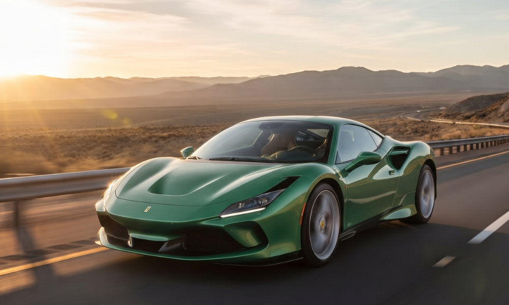Green Ferrari mid-engine sports car driving on a winding desert highway at sunset, surrounded by expansive desert terrain and distant mountains