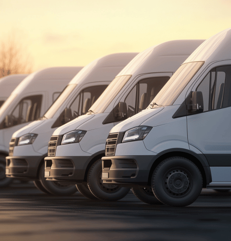 Row of commercial cargo vans parked together.