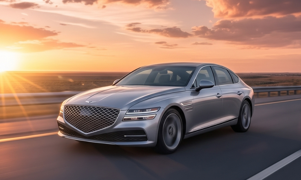 Silver Genesis luxury sedan driving along a highway at sunset, with an expansive landscape and dramatic orange sky in the background