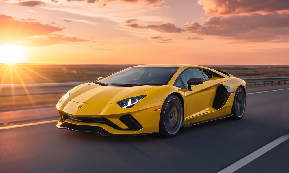 Yellow Lamborghini supercar driving on an open highway at sunset, with warm golden light and expansive terrain in the background