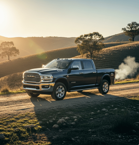 Pickup truck parked on a rural road in a hilly landscape.