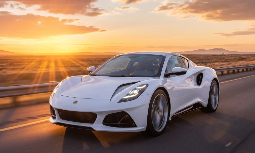 White Lotus sports car driving on a highway at sunset, with golden light and distant mountains across the horizon