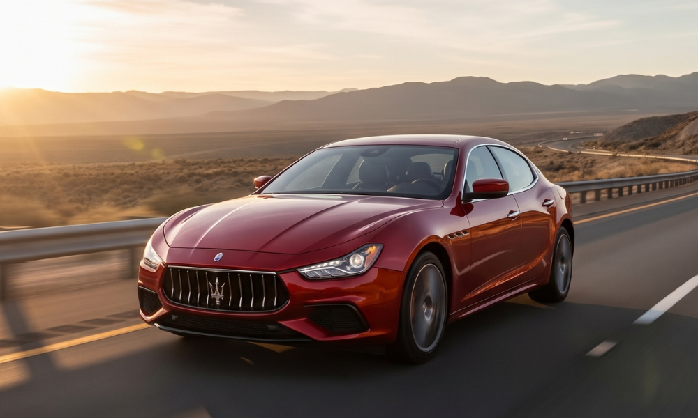 Red Maserati luxury sport sedan driving along a winding desert highway at golden hour, with mountains and open terrain in the background