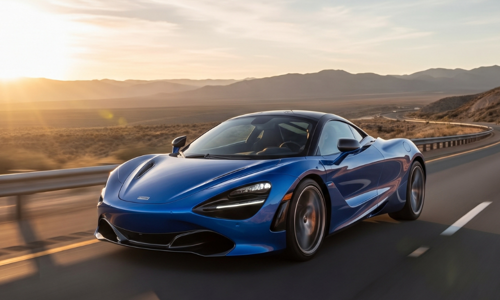 Blue McLaren supercar driving along a scenic desert highway at sunset, with mountain ranges and warm golden light in the background